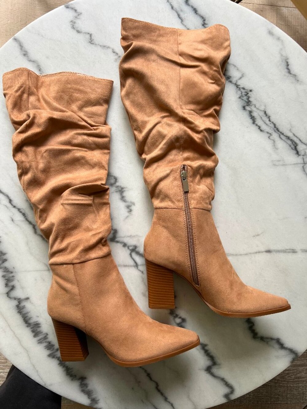 Women's Tan Faux Suede Slouchy Knee High Boots